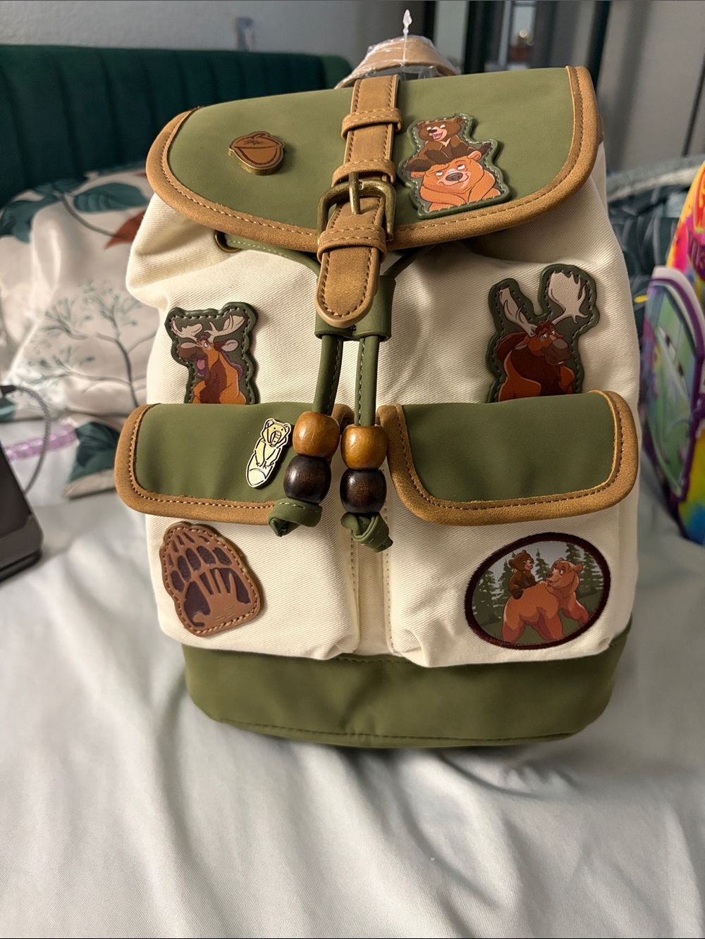Disney Kids Canvas Backpack in Green, Cream & Tan with Outdoor Patches